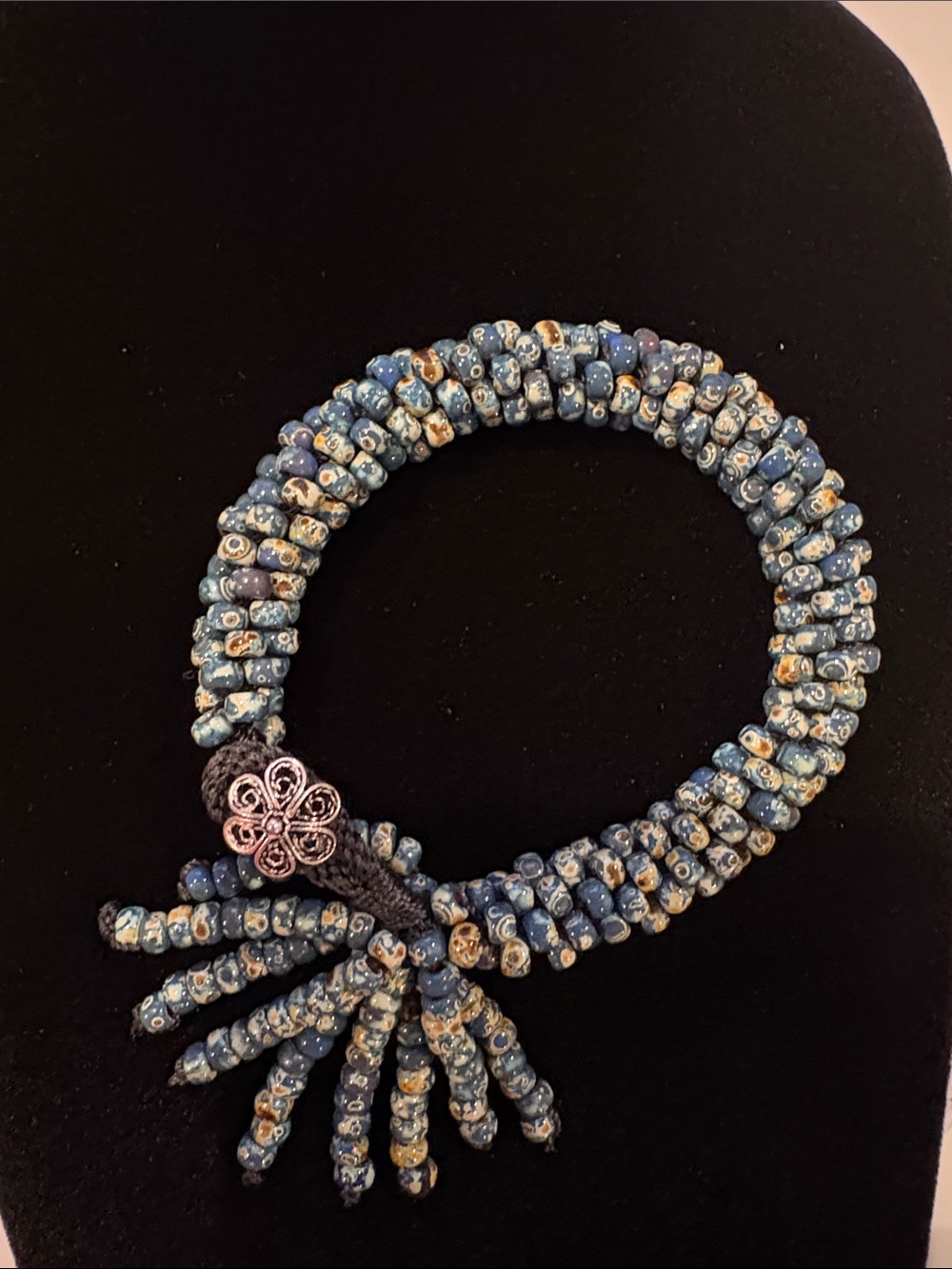 Handcrafted Blue Kumihimo Beaded bracelet with Floral button closure